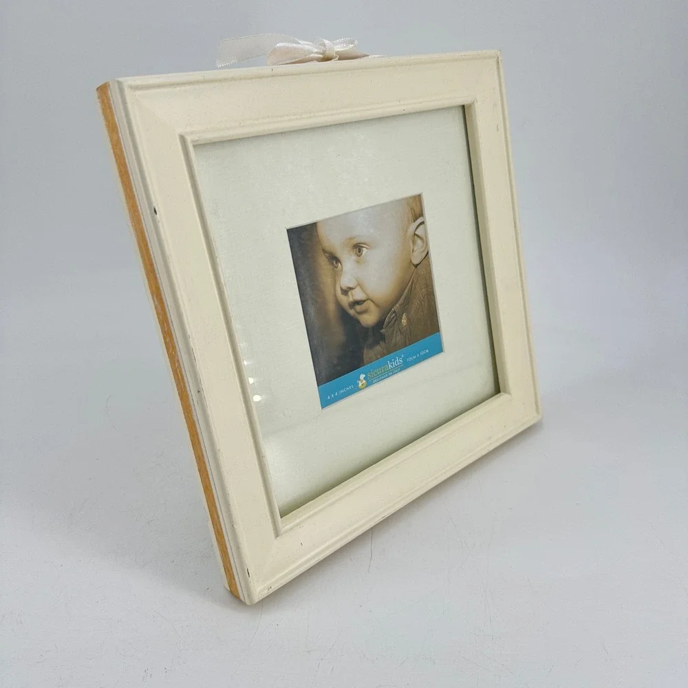 SicuraKids Italian Design Cream Wooden 4x4 Square Picture Frame with Ribbon